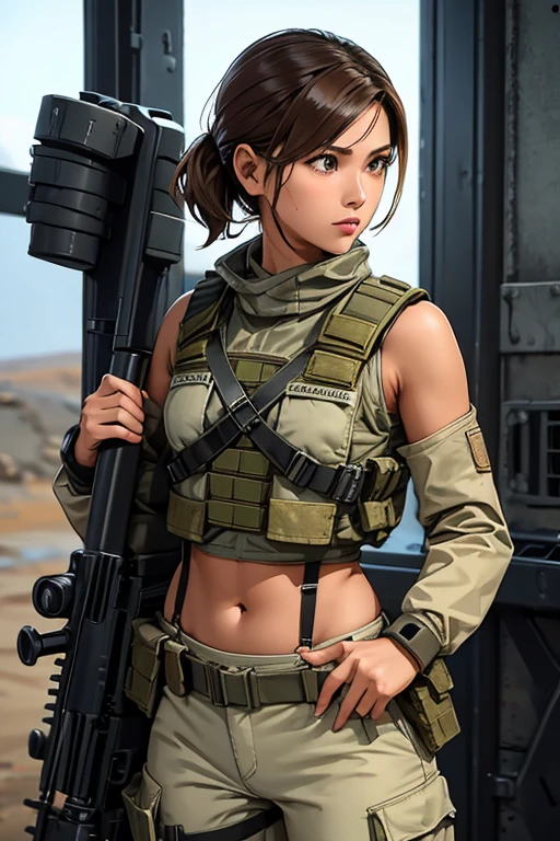 a woman in a white outfit holding a rifle and wearing headphones, 24-year-old woman, Filipino woman, tan bronze skin, soldier girl, mechanized soldier girl, military girl, beautiful female soldier, female lead character, infantry girl, of a sniper girl in war, solo female character, future combat gear, close up half body shot, Women in crop top military bulletproof vest, showing navel, quiet from metal gear solid v, wearing tactical gear, dressed in tactical armor, Shoulder gun