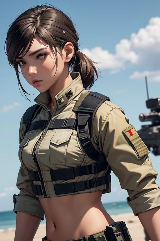 a woman in a white outfit holding a rifle and wearing headphones, 24-year-old woman, Filipino woman, tan bronze skin, soldier girl, mechanized soldier girl, military girl, beautiful female soldier, female lead character, infantry girl, of a sniper girl in war, solo female character, future combat gear, close up half body shot, Women in crop top military bulletproof vest, showing navel, quiet from metal gear solid v, wearing tactical gear, dressed in tactical armor, Shoulder gun