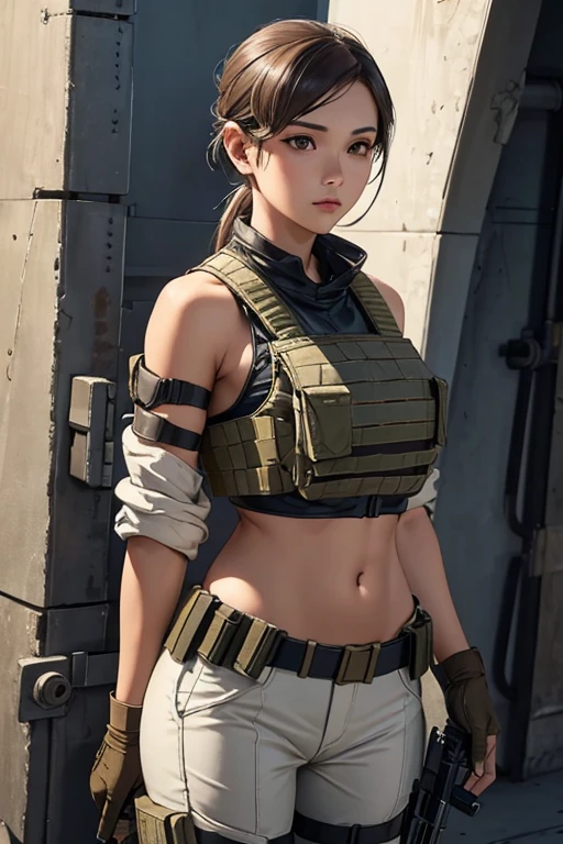 a woman in a white outfit holding a rifle and wearing headphones, 24-year-old woman, Filipino woman, tan bronze skin, soldier girl, mechanized soldier girl, military girl, beautiful female soldier, female lead character, infantry girl, of a sniper girl in war, solo female character, future combat gear, close up half body shot, Women in crop top military bulletproof vest, showing navel, quiet from metal gear solid v, wearing tactical gear, dressed in tactical armor, Shoulder gun