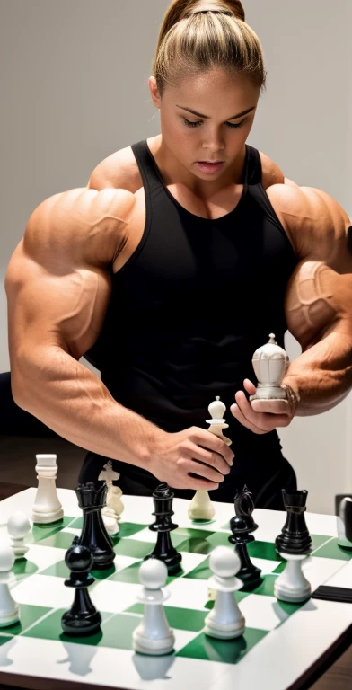 Ronda rousey, A heavily muscled iffb pro female bodybuilder physique model, wearing a white business suit, playing chess, the chess with white chess pieces is white set on a white table in a white room