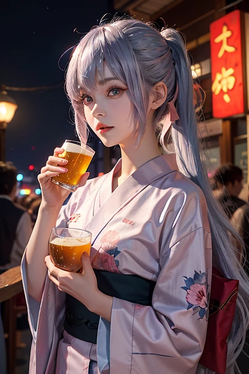、woman、whole body、Evil Face, Red eyes, Iris,Silver Hair、Night City Waves、festival、Pink and blue yukata、Pixie Cut、Long Hair、whole body、Drinking beer