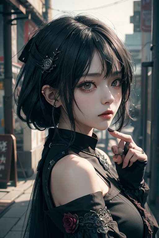 Red rose,top-quality、8K、​masterpiece：1.3、Gothic punk、Red inner color、A grey dark-haired、hair adornments、a beauty girl、creative、dark fantasy style、Neogos、punk shirt with red Fashion：1.2、hight resolution、​masterpiece、top-quality、headw:1.3、((Hasselblad photo))、Fine-grained skin、Sharp Focus、(lighting like a movie)、Realistic texture gothic girl with a crow on her shoulder, artwork in the style of guweiz, by Yang J, gothic maiden anime girl, guweiz, intricate ornate anime cgi style, 1 7 - year - old anime goth girl, dark fantasy mixed with realism, gothic aesthetic, stunning anime face portrait, beautiful anime portrait, anime style. 8k