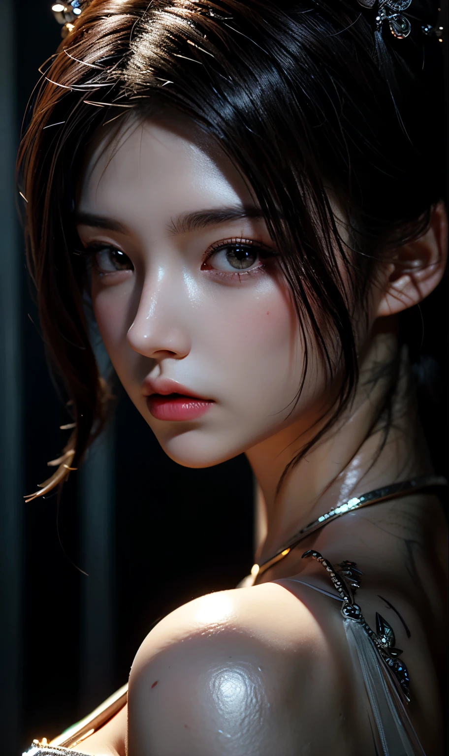 Game Art,CG Animation,Best image quality,Maximum resolution,8k,(A half-length photo),(portrait),(Head close-up),(Rule of Thirds),Unreal Engine 5 rendering works,20 year old girl,((Queen)),The eyes are very detailed,(Large Breasts),Elegant and noble,Movie Lighting,Ray Tracing,Game CG,((3D Unreal Engine)),OC rendering reflection mode,4K,Ultra-clear,Translucent lace,Fair and plump figure,Pretty Face,Glossy Gel Coat,The Queen in a luxurious dress,Tattoo designs on body,The tattoo is very delicate,Nine-tailed Fox,Empress Daji