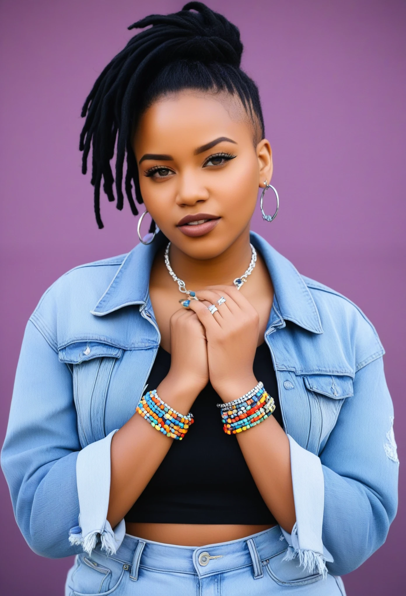 A close-up photo of a Black woman with short dreadlocks styled with colorful beads. She has a confident expression and a piercing gaze directly at the viewer. Her edgy urban outfit consists of a black graphic tee with a bold slogan underneath a cropped denim jacket with ripped sleeves. Layered silver necklaces and a chunky silver bracelet complete the look. The background is blurred, showcasing a vibrant graffiti mural.