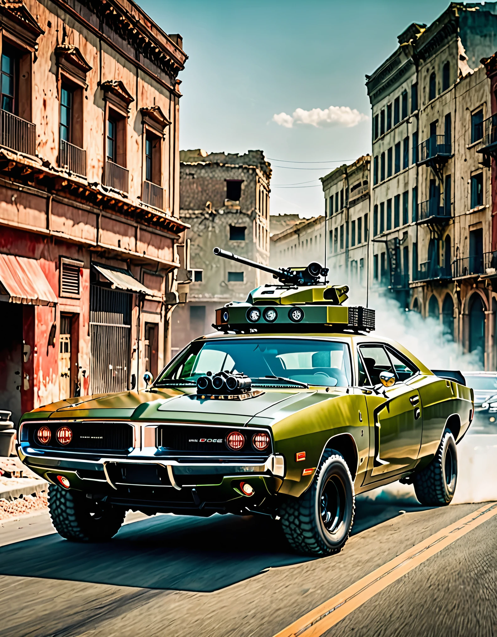 masterpiece, best quality, highres, a close up of a car with a roof-mounted light machine gun turret on top of it, 1car, olive green car, 2023 Dodge Charger, armor plating, florescent red headlights, day, city ruins, ground vehicle, motor vehicle, no humans, outdoors, road, tank focus, off-road suspension tires, matching tires, vehicle focus