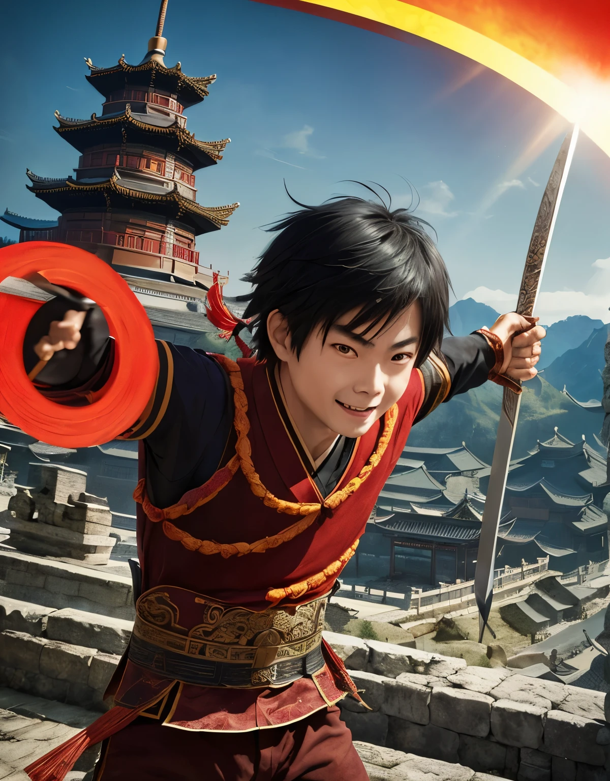 murderous look, Chinese ancient style architecture,black hair, solid circle eyes, light smile, a boy, with sword, china fantasy, strong, godness, Surrealism, drop shadow, anaglyph, stereogram, tachi-e, pov, atmospheric perspective, 8k, super detail, ccurate, best quality