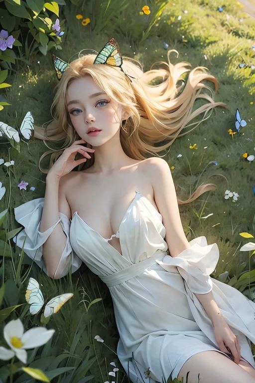 Best quality, masterpiece, blonde girl, big green eyes, lying in the grass, butterflies fly around