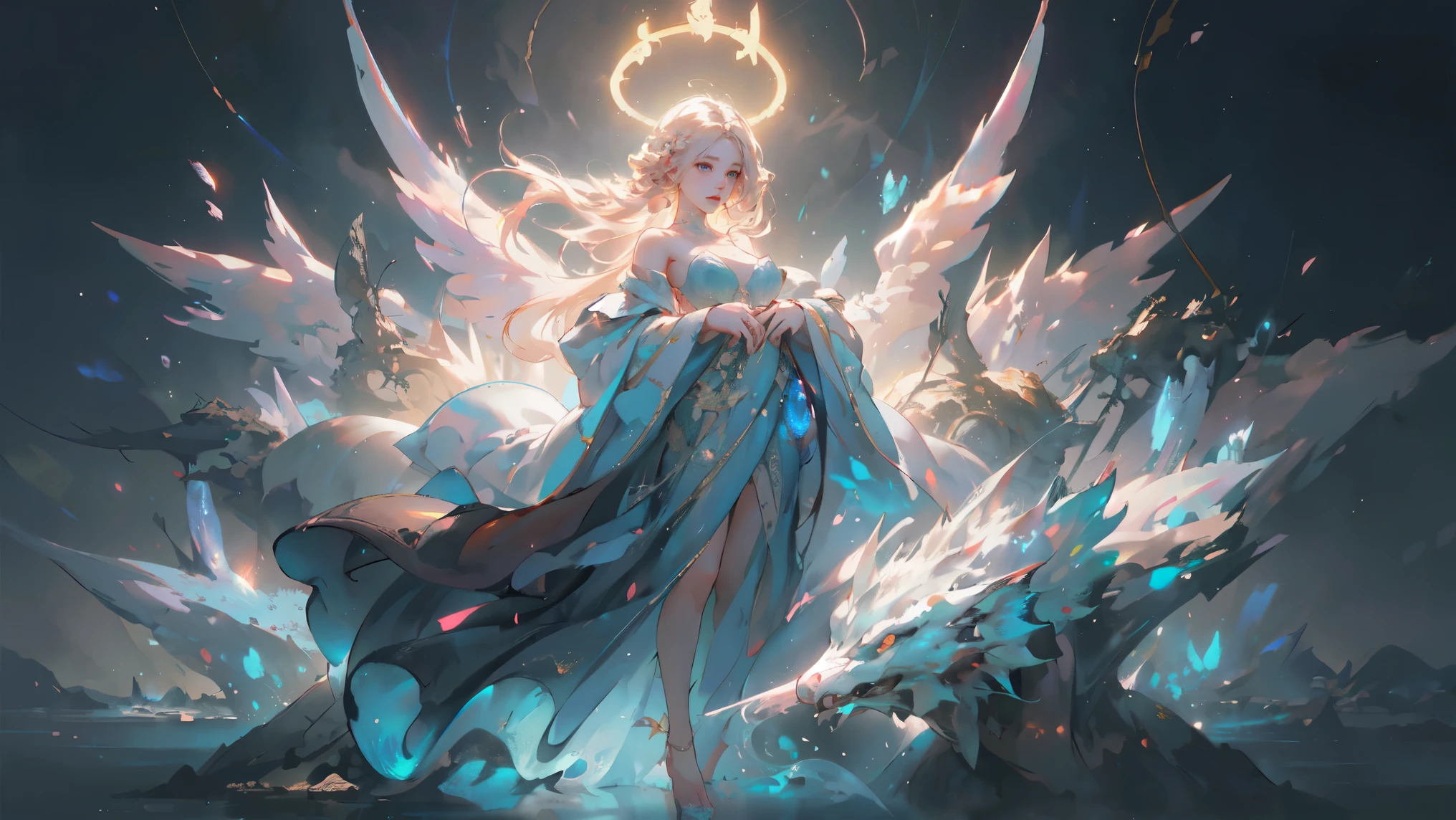 (A girl falls from the sky), glowing scales , Mysterious atmosphere, Colorful, Complex Mode, atmosphere, 超high resolution, (Realistically:1.4), RAW photos,16K,drama灯光,Translucent Dress,Clear silk scarf,,Leaking cleavage,Angel halo on head,Leaking out of the shoulder,Outward-facing breasts,Surreal illustration, high resolution, Ultra Detailed, absurd,(Fractal Art:1.3)、Feel free to hairstyle、Random hair color colorful、full-body shot、high quality、Precise focus、Random pose、4D Cinema、drama,(,(Epic, ethereal atmosphere),(Depth of Field),(Hazy and soft style)