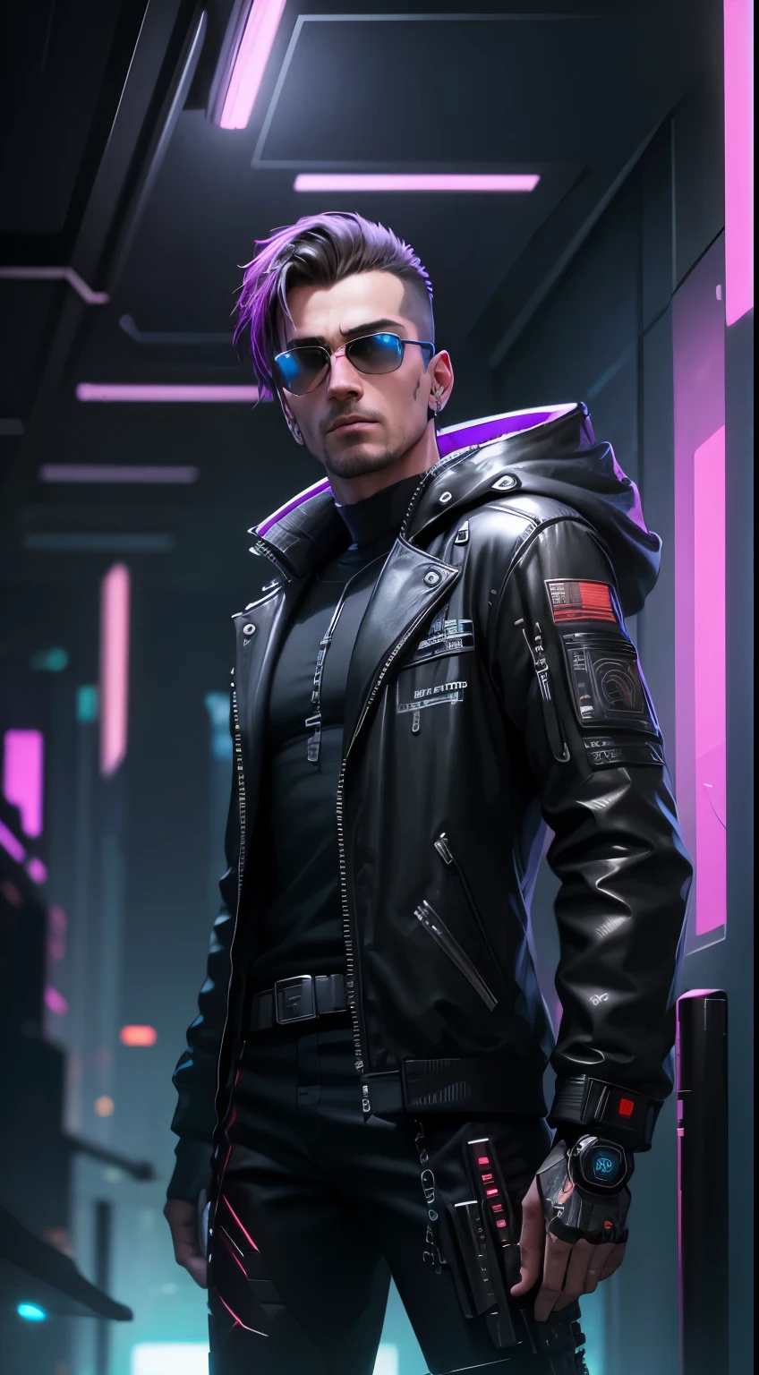 Change the background of a handsome cyberpunk guy., realistic face, 8k, ultra realistic