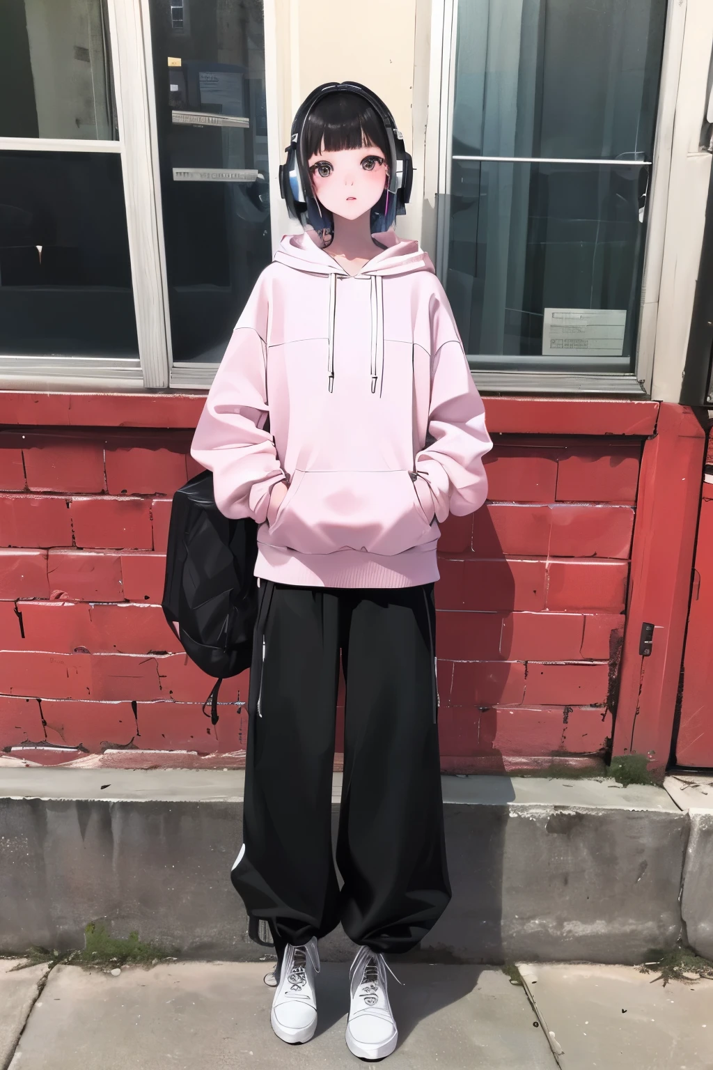 A age girl, wearing a black sweatshirt, white smooth pink skin, short hair with shiny black Egyptian bangs, hands free in her ears, ((listening to music)), ((hands in her sweatshirt pockets)), standing on the street ((standing position)), white and thin knees that are in boots, ((full length)), thin and tall
