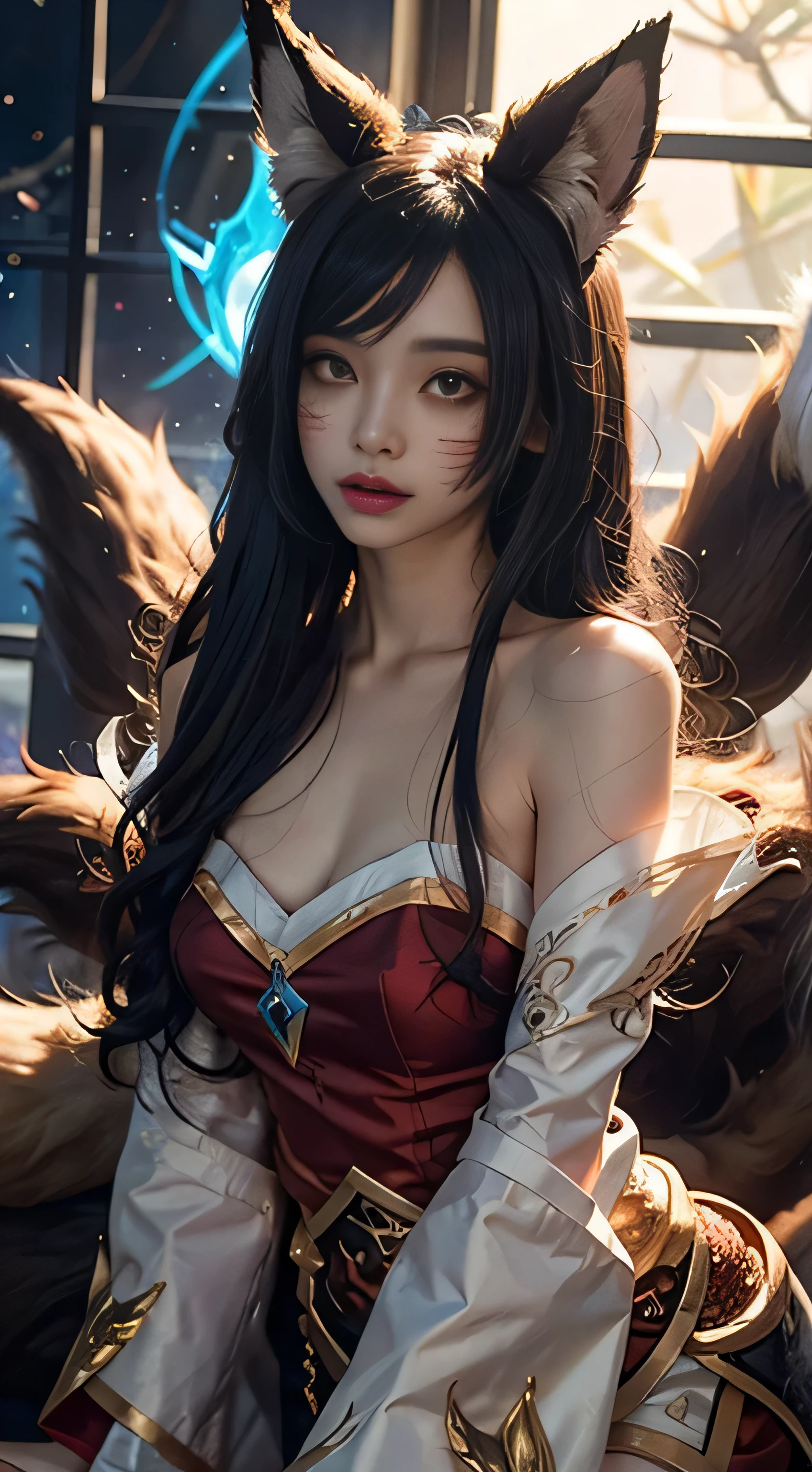  1 Girl, Fox, Fox \ (League of Legends), K/DA \ (League of Legends), Animal Ears, Face Markers, Fox Ears, Fox Tail, Orange Eyes, Multiple Tails, upper body, Aurora backgound, red and white dress, beautiful hands, beautiful fingers, shot from front, looking at viewer