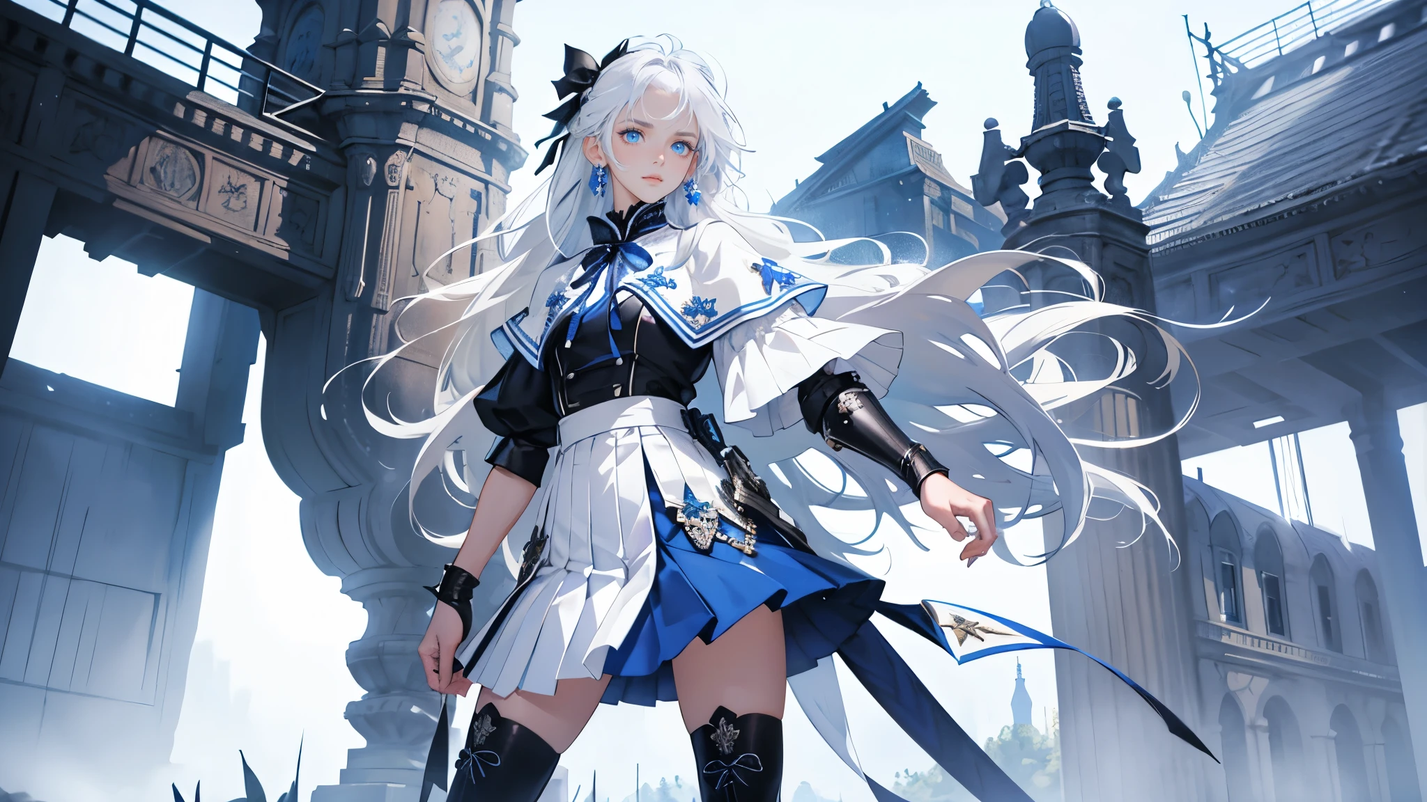 masterpiece, ultra detailed, 8k portrait, RAW photo, portrait photography, highly detailed face, beautiful and meticulous eyes, black long hair, blue eyes, white hair ribbon, blue , blue pleats mini skirt, white chest armor, white tights, half boots, standing, 