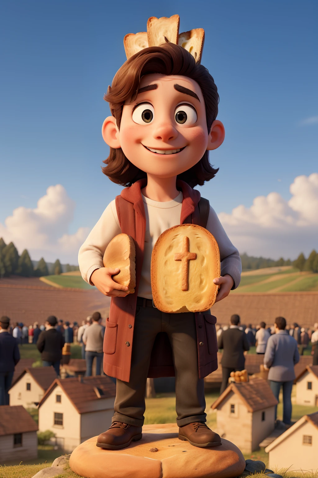 Jesus holding a loaf of bread, on top of a hill surrounded by a crowd