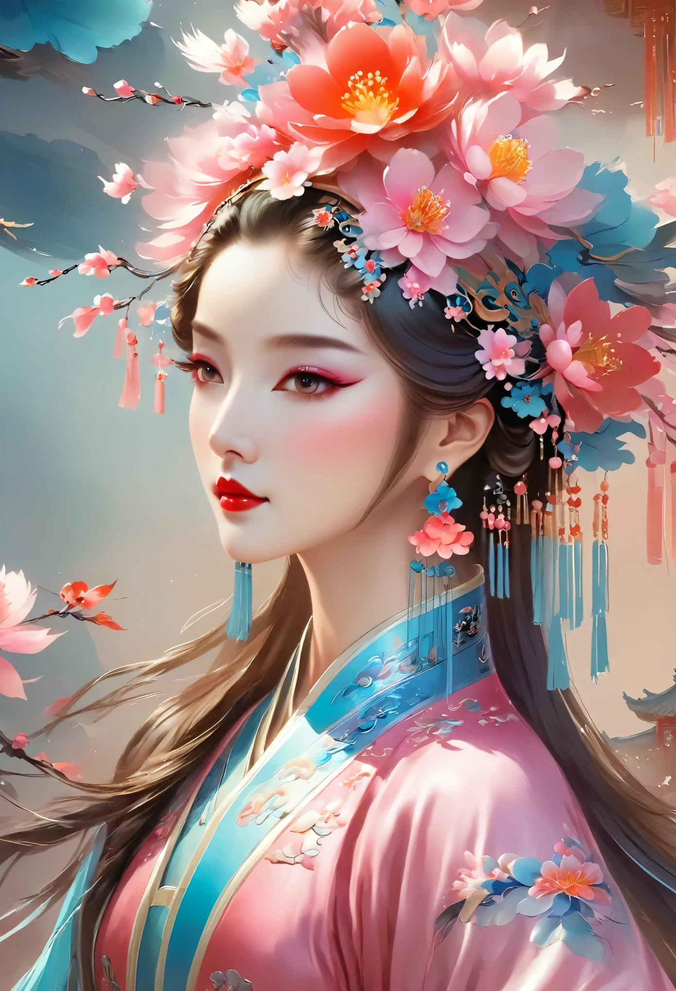 (masterpiece, best quality:1.2), Close-up of woman wearing flower headdress, palace , girl wearing hanfu, beautiful fantasy queen, ancient chinese princess, ((beautiful fantasy queen)), chinese princess, queen of china, beautiful figure painting, Gurwitz style artwork, A beautiful artistic illustration, guweiz, Beautiful digital artwork, Beautiful digital illustration
