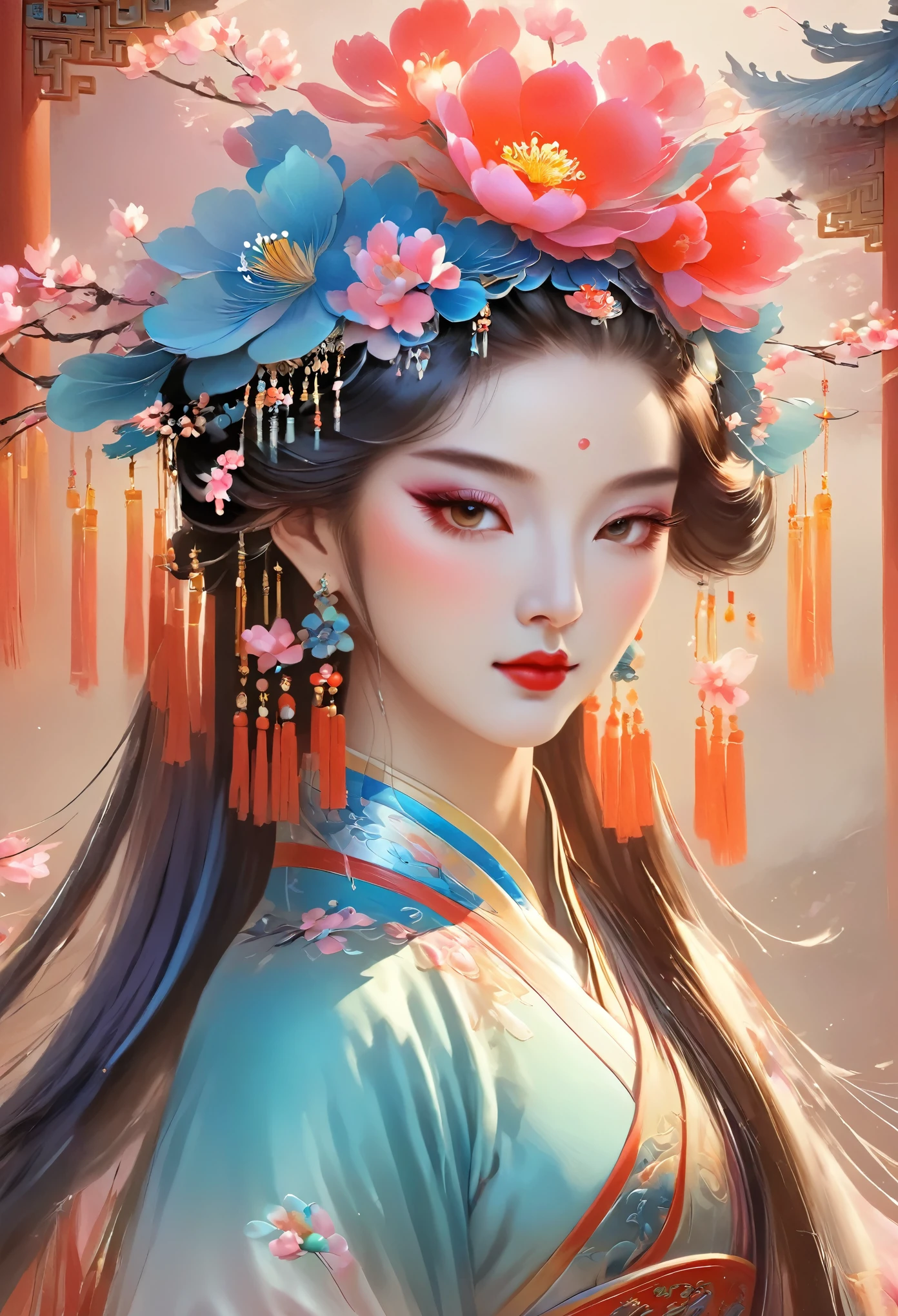 (masterpiece, best quality:1.2), Close-up of woman wearing flower headdress, palace ， girl wearing hanfu, beautiful fantasy queen, ancient chinese princess, ((beautiful fantasy queen)), chinese princess, queen of china, beautiful figure painting, Gurwitz style artwork, A beautiful artistic illustration, guweiz, Beautiful digital artwork, Beautiful digital illustration