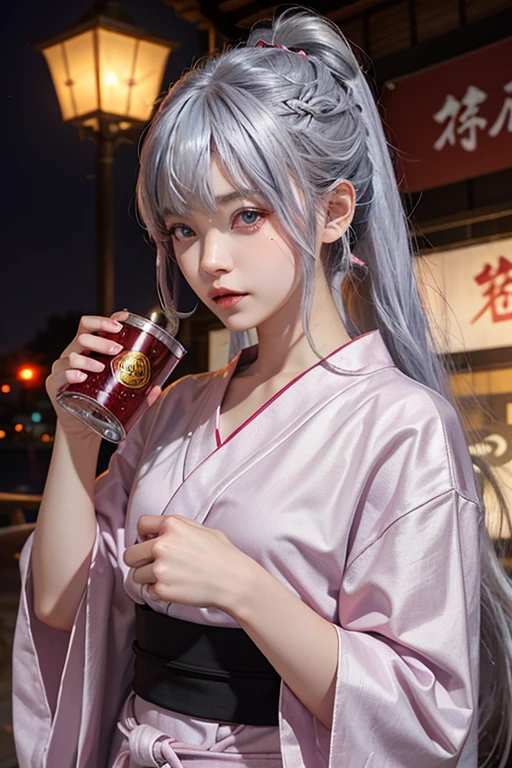 、woman、whole body、Evil Face, Red eyes, Iris,Silver Hair、City of night、festival、Pink Yukata、bangs、Long Hair、Hair tied up、whole body、Drinking beer