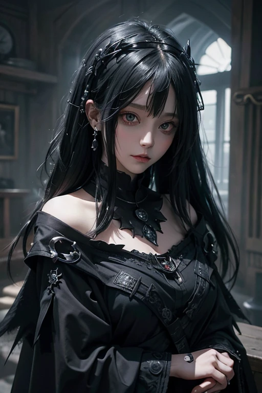 there is a woman with a big raven on her shoulder, with long hair and piercing eyes, dark fantasy mixed with realism, 1 7 - year - old anime goth girl, cute face. dark fantasy, raven black hair, black hair and large eyes, by Yang J, artwork in the style of guweiz, dreamy gothic girl with red accessories , with a raven on her shoulder