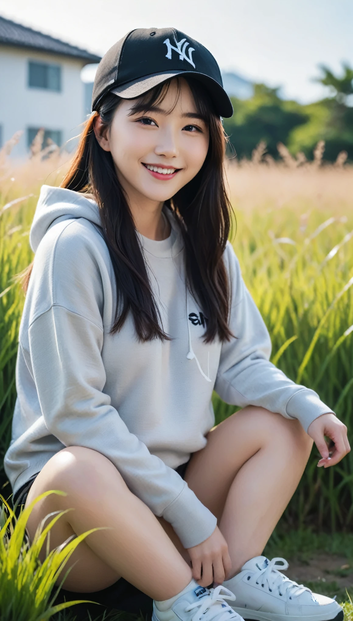 highest quality、masterpiece、Ultra-high resolution、live-action、4k、squat、Oversized sweatshirt、Beautiful Japanese Women、20 years old、Cute smile、teeth、Wear a black cap、Outdoor、grass、