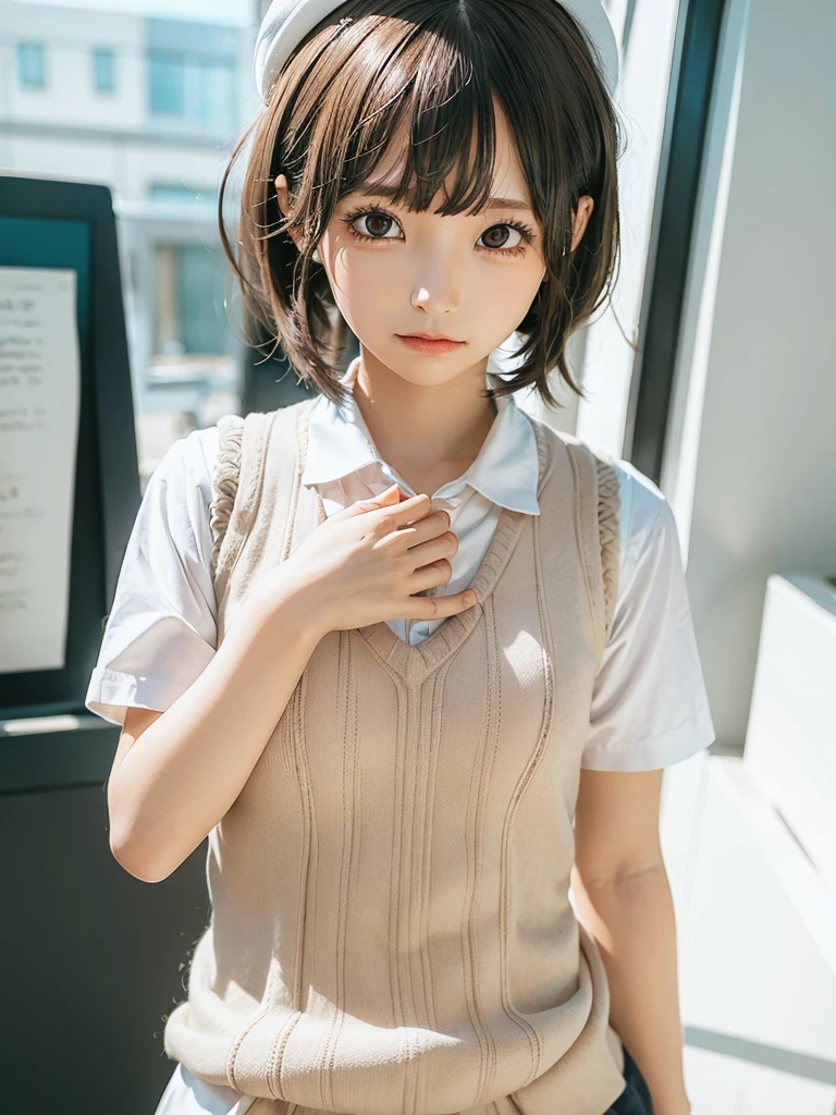 Masterpiece, Top Quality, Top Mikoto, brown eyes, short hair, small breasts, looking at viewer, alone, closed mouth, collared shirt, beige knit vest, dark blue  Skirt, school_uniform, shirt, white_shirt, classroom,Masterpiece, highest quality, 8K, detailed skin texture, fine cloth texture, beautiful detailed face, intricate details, super detailed,cute,cute posing,composition that shows the whole body,