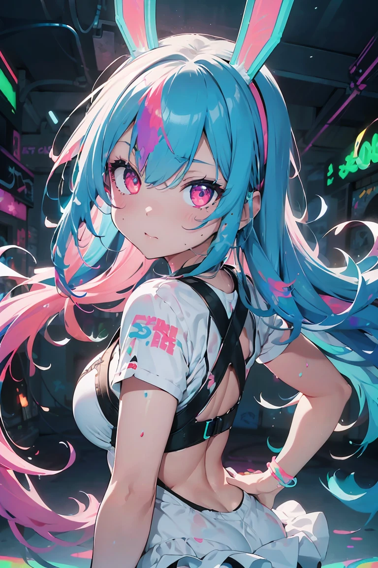 (Bunny girl), Eyes that shine like jewels, Anime Girls,(Sexy ass), Butt sticking out pose, (Big Breasts:1.3),((Upward glance:1.3, Perfect Eyes , The rainbow sparkles、Very detailed turquoise red eyes:1.1, Gradient Eye:1, Beautiful detailed eyes:1, Symmetrical eyes:1, Big Eye Highlights:1.2)), blush, (Open your mouth), anger,In a psychedelic room, (White skin: 1.5, Sunburned skin, White skin, very White skin, Bright body), Psyche Tranceのイラスト, Psyche Trance, psychedelic art style, Neon Color Theme, (((masterpiece))), (Complex), 8k, highest quality, (Visual Strength: 1.5),
(((liquid paint hair:1.1))) ,(((Neon colored hair :1.5))), ((Painted、Defying Gravity,Thick flow),(Paint splashes:1.3), (Shiny Hair: 1.3), (Bright colors), Embarrassing,Centered,Scale to fit,Three-part method, A body nicely covered in paint on a multicolored background, Colorful Themes, Splash Paint Regeneration, Beautiful light, Colorful light particles,High contrast in clothing, Color Splash, Colored walls, Complex 詳細, Exposure Blending, High resolution, (Graffiti art)