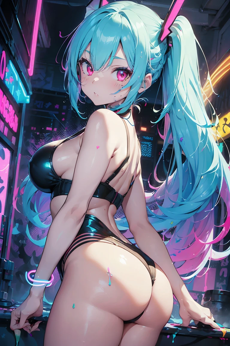 (Bunny girl), Eyes that shine like jewels, Anime Girls,(Sexy ass), Butt sticking out pose, (Big Breasts:1.3),((Upward glance:1.3, Perfect Eyes , The rainbow sparkles、Very detailed turquoise red eyes:1.1, Gradient Eye:1, Beautiful detailed eyes:1, Symmetrical eyes:1, Big Eye Highlights:1.2)), blush, (Open your mouth), anger,In a psychedelic room, (White skin: 1.5, Sunburned skin, White skin, very White skin, Bright body), Psyche Tranceのイラスト, Psyche Trance, psychedelic art style, Neon Color Theme, (((masterpiece))), (Complex), 8k, highest quality, (Visual Strength: 1.5),
(((liquid paint hair:1.1))) ,(((Neon colored hair :1.5))), ((Painted、Defying Gravity,Thick flow),(Paint splashes:1.3), (Shiny Hair: 1.3), (Bright colors), Embarrassing,Centered,Scale to fit,Three-part method, A body nicely covered in paint on a multicolored background, Colorful Themes, Splash Paint Regeneration, Beautiful light, Colorful light particles,High contrast in clothing, Color Splash, Colored walls, Complex 詳細, Exposure Blending, High resolution, (Graffiti art)