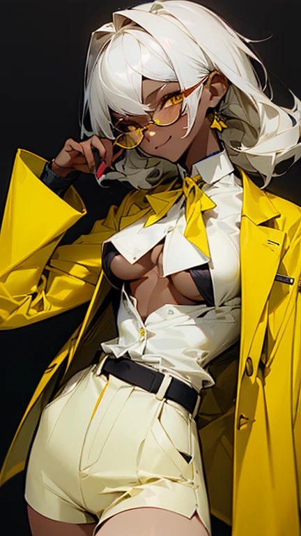 (highest quality、masterpiece:1.2) 1 Female, adult, ((Dark skinned women, Hair over the ears)), dark white hair, yellow Eyes, glasses, ((tailored jacket, white shirts, short pants)), (Malicious smile), sharp eye, (underboob), little earring, pose, hand gesture,