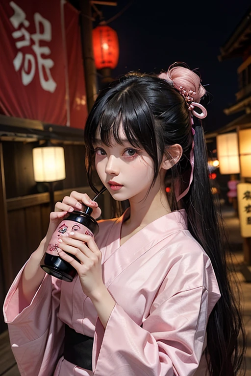 15 years old、woman、whole body、Evil Face, Red eyes, Iris,Black Hair、City of night、festival、Pink Yukata、bangs、Long Hair、Hair tied up、whole body、Drinking sake、Pink cheeks