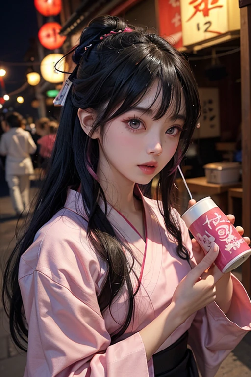 15 years old、woman、whole body、Evil Face, Red eyes, Iris,Black Hair、City of night、festival、Pink Yukata、bangs、Long Hair、Hair tied up、whole body、Drinking sake、Pink cheeks