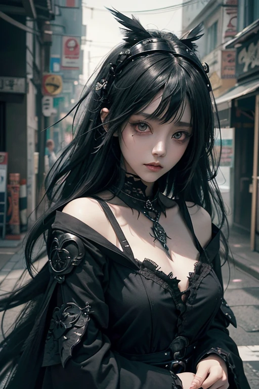 there is a woman with a bird on her shoulder, with long hair and piercing eyes, dark fantasy mixed with realism, 1 7 - year - old anime goth girl, cute face. dark fantasy, raven black hair, black hair and large eyes, by Yang J, artwork in the style of guweiz, dreamy gothic girl, with a big crow on her shoulder