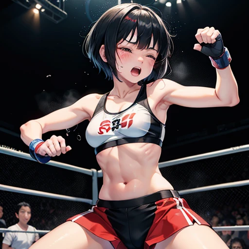 Cute Japanese high school girl with scars, blood, and short-cut black hair. Bending forward in a mixed martial arts ring. She is holding her head in her hands. She is frightened. She is trembling. Her opponent, a female fighter, is beating her. She has her eyes closed. She is screaming and crying. She is wearing a sports bra, bikini pants, and open finger gloves. Small breasts. poor belly, slender body, poor body,