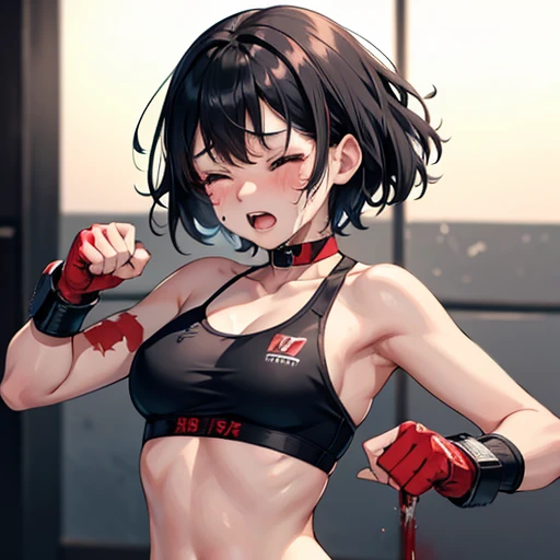 Cute Japanese high school girl with scars, blood, and short-cut black hair. Bending forward in a mixed martial arts ring. She is holding her head in her hands. She is frightened. She is trembling. Her opponent, a female fighter, is beating her. She has her eyes closed. She is screaming and crying. She is wearing a sports bra, bikini pants, and open finger gloves. Small breasts. poor belly, slender body, poor body,