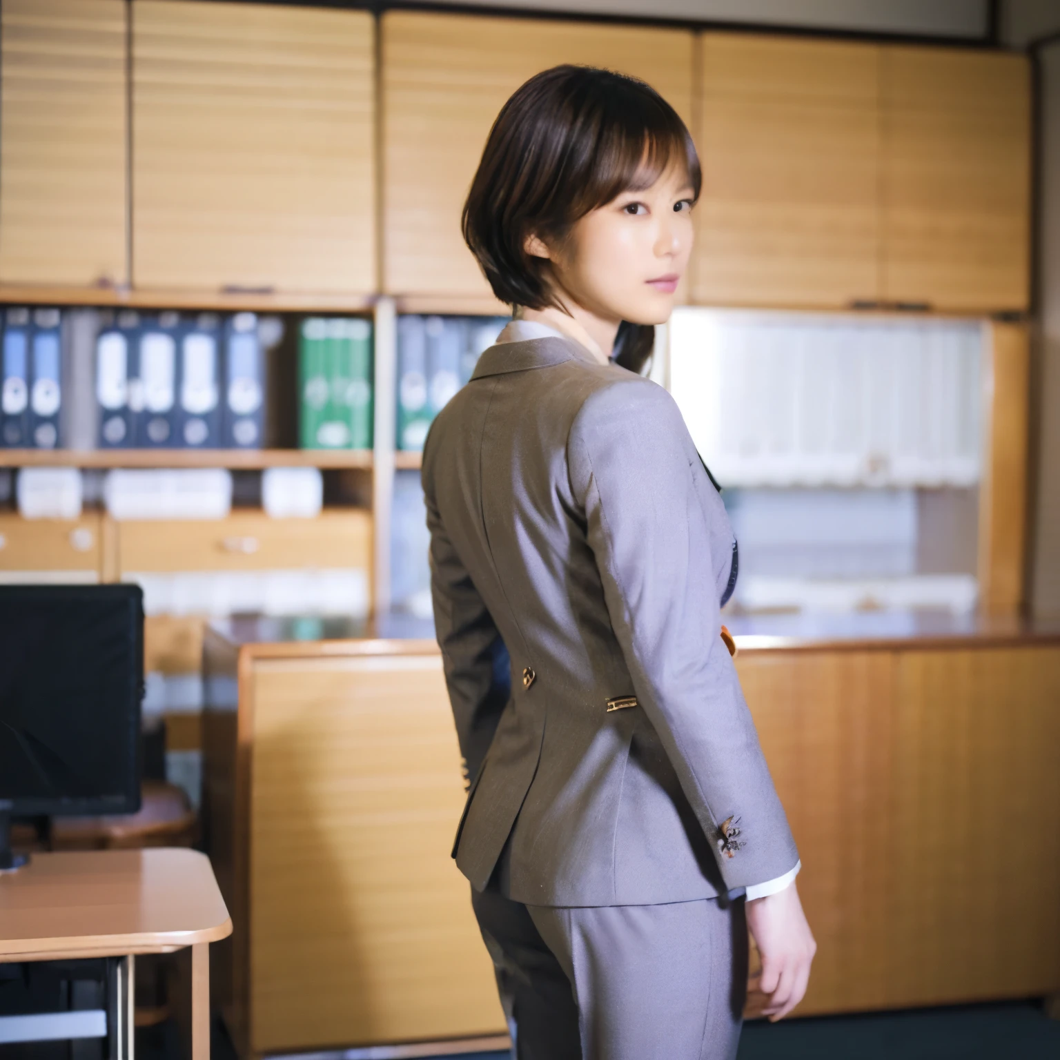 (highest quality, 8k, 32k, masterpiece, Ultra-high resolution:1.2), One girl, Beautiful Japanese Women, Tight waist, grey suit, Open jacket, office lady, suit, pants, From behind, Office Room, machine, (Stick your butt out:1.2), Detailed face, short hair,