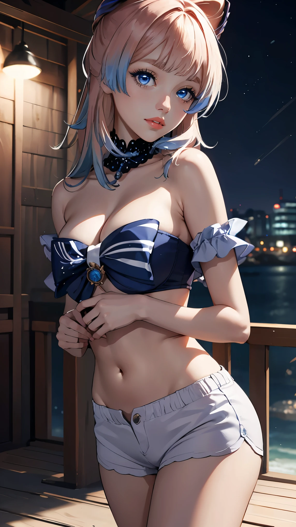 Masterpiece, high quality, 8k, ultra detail, ((kamisatoayakarnd)) standing, night,outdoors, (bandeau), navel, (shorts), (off shoulders), choker, smile, armpit, large breast