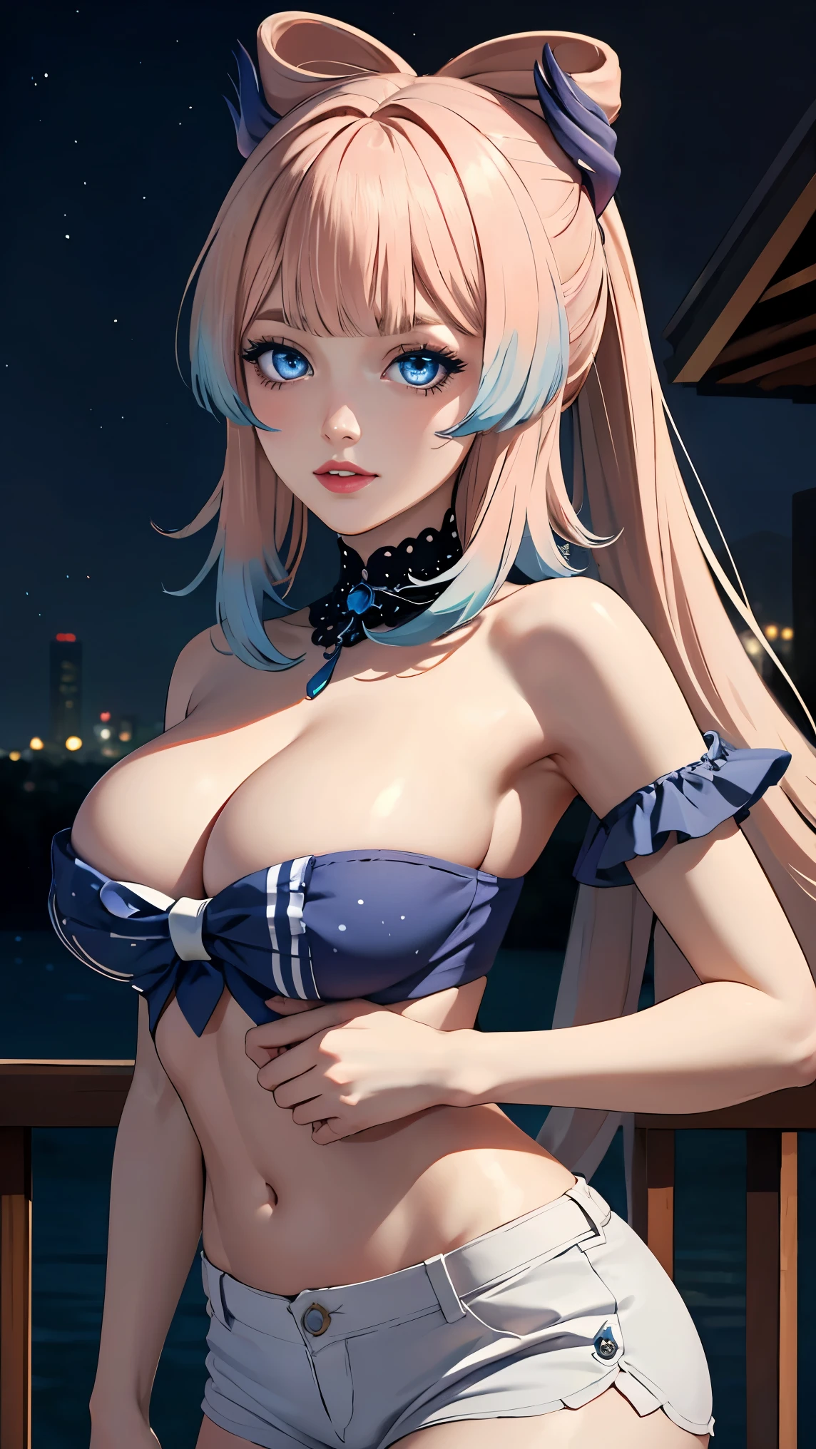 Masterpiece, high quality, 8k, ultra detail, ((kamisatoayakarnd)) standing, night,outdoors, (bandeau), navel, (shorts), (off shoulders), choker, smile, armpit, large ??????