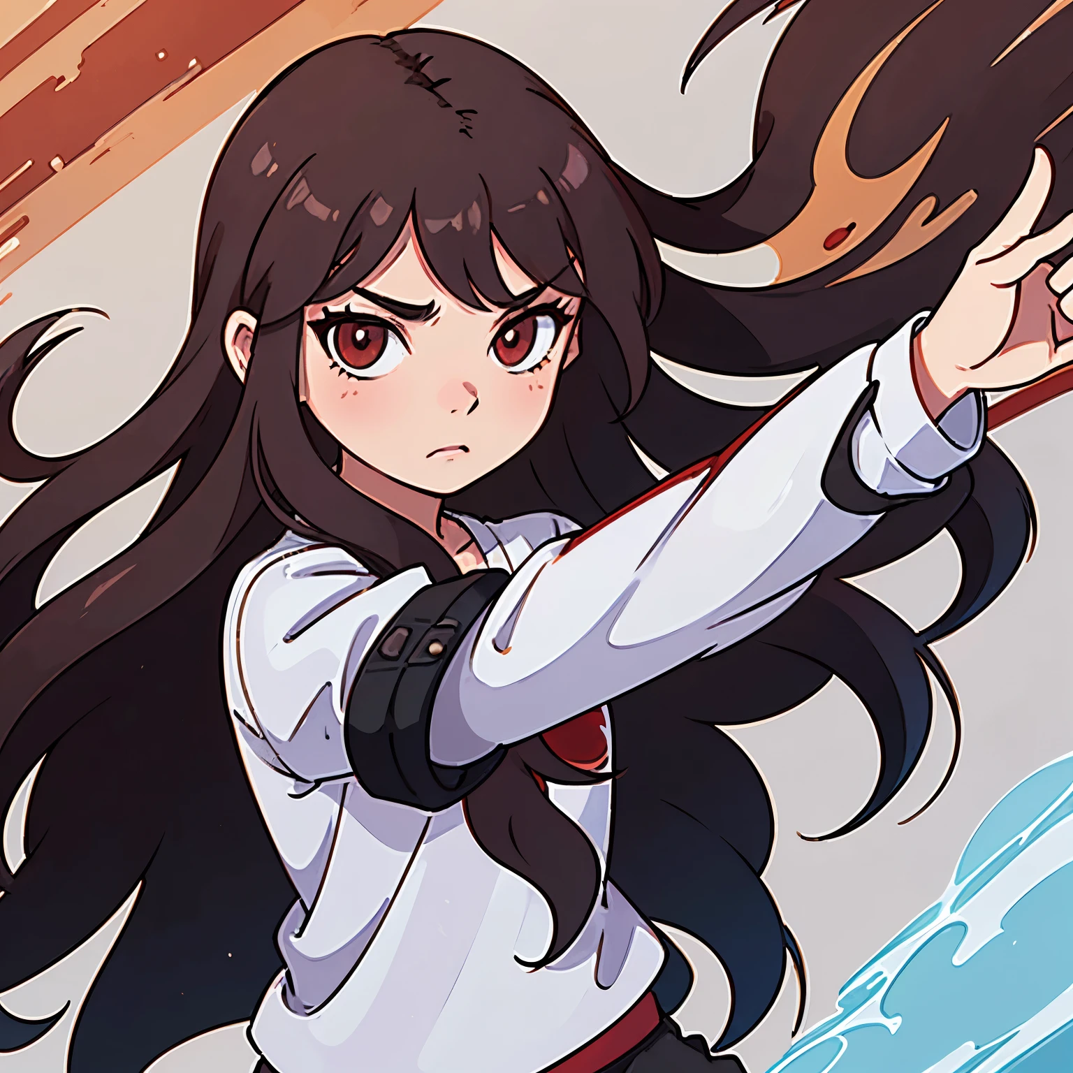 A character with long brown hair, styled in waves, and red eyes, wearing a white shirt and shorts, with a moody expression and flushed, Japanese or Anime Style.