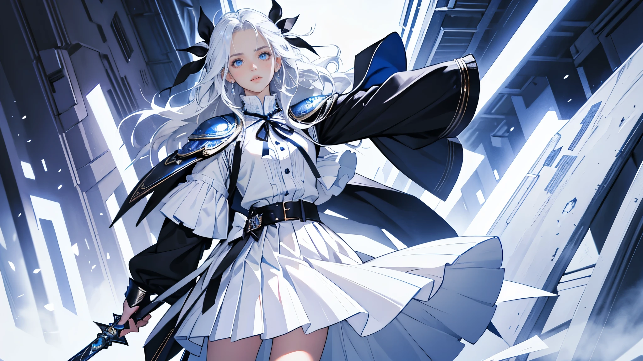 masterpiece, ultra detailed, 8k portrait, RAW photo, portrait photography, highly detailed face, beautiful and meticulous eyes, black long hair, blue eyes, white hair ribbon, blue , blue pleats mini skirt, white chest armor, white tights, half boots, standing, holding a beam sabel
