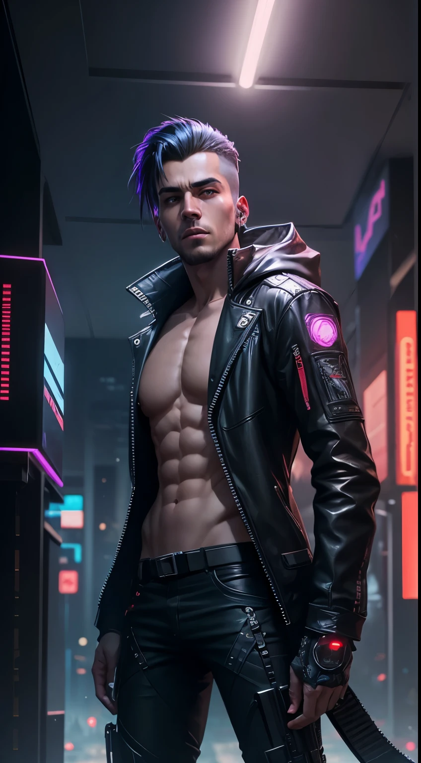 Change the background of a handsome cyberpunk guy., realistic face, 8k, ultra realistic,Take off your shirt.,lean skinny