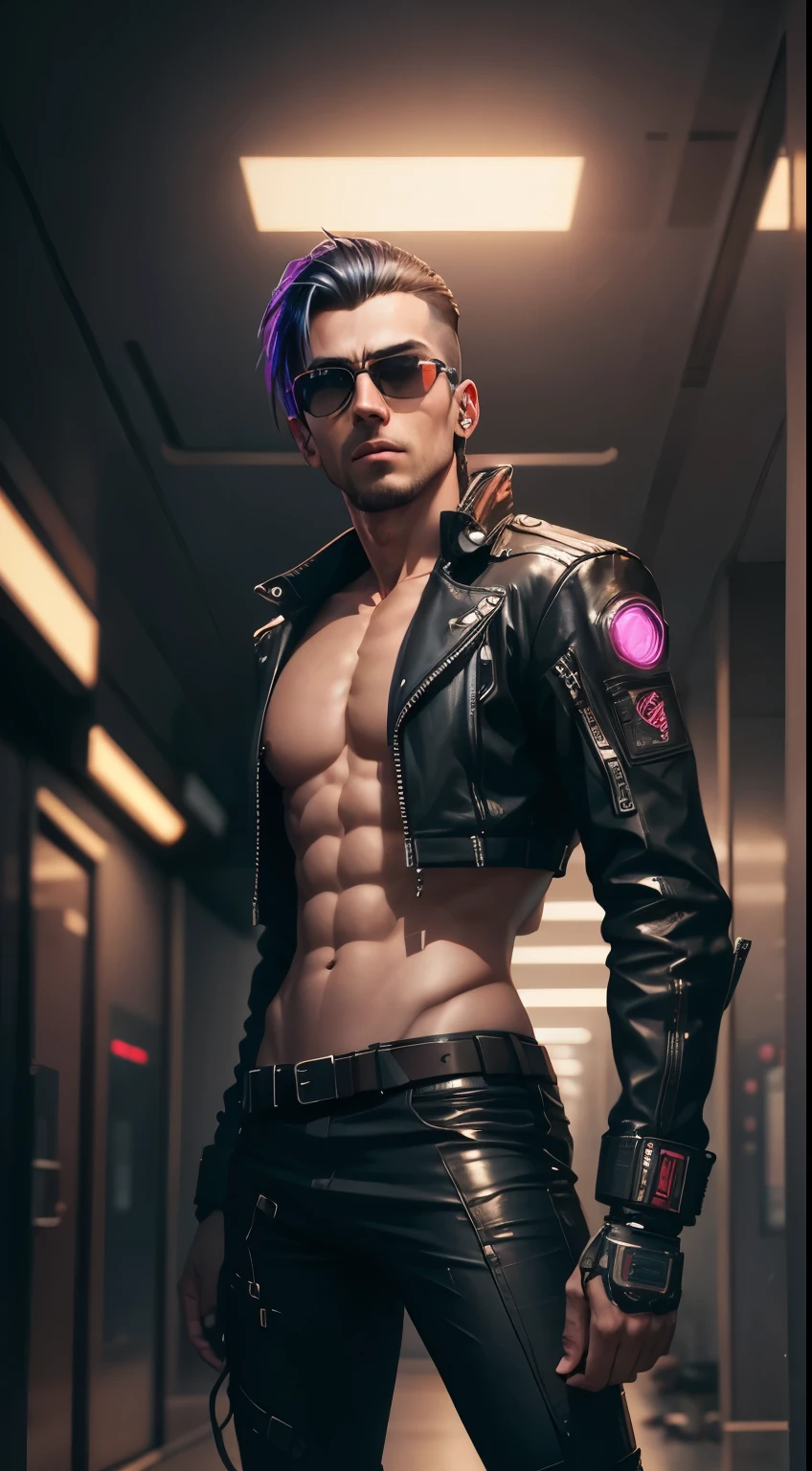 Change the background of a handsome cyberpunk guy., realistic face, 8k, ultra realistic,Take off your shirt.,lean skinny