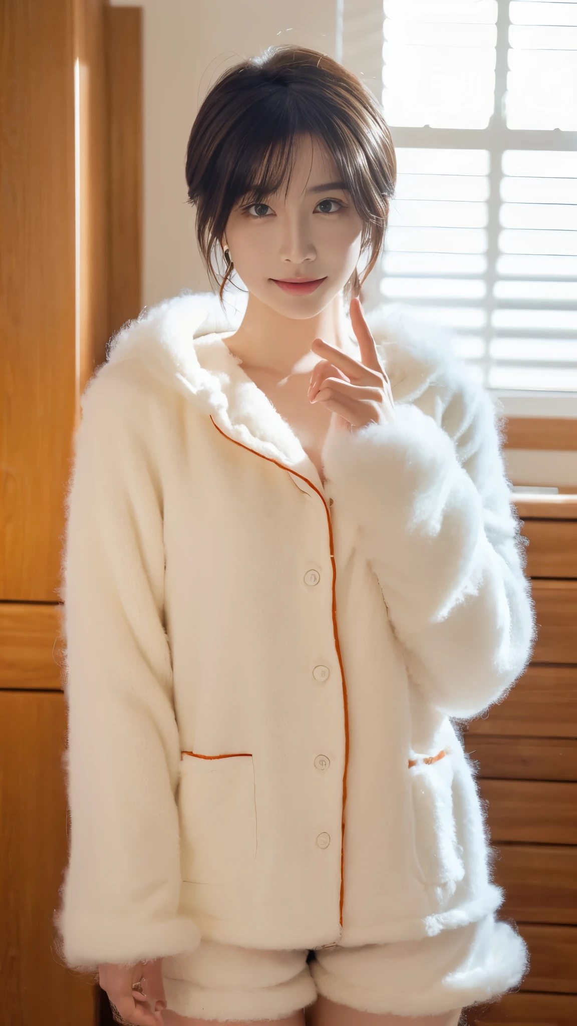 (masterpiece, highest quality, highest quality, Official Art, beautifully、aesthetic:1.2), Cinema Lighting、(Key light at 45 degrees from the front,Orange Fill Light、Soft Blue Backlight、Strong Shadows、Blue and orange color palette), Accurate human body、Someone knowledgeable、Correct five-finger、4K - ultra-vivid、highest quality, masterpiece, Ultra-high resolution, Detailed Background、The perfect background、
Oilskin,Glowing Skin、Realistic skin texture、Beautiful skin in every detail、Shiny skin、Slimy skin、Shiny skin、Shiny skin, White skin, Real human skin, (Familiar), Oval Face, pore, Ultra-high resolution, (8k, RAW Photos, Realistic: 1.4), One Girl, slim, (kind, Goddess-like eyes) happiness: 1.2), (Lip gloss, eyelash, Terrible face, highest quality, Ultra-high resolution, Wide Lighting, Natural Shading), Absolute area、Long beautiful slim legs、Short length、Sexy smile expression:0.8,
(Random pose:1.2)
1 girl、alone、masterpiece,highest quality,High resolution,Very detailed, Earrings,Big cleavage、,
Cute pose、(((Open your mouth wide))), (Cute little devil smile:1.2),
((Hair Color:random:1.5, Layered Color))),
(((Accurate 5-finger)))、Accurate human body、Perfect human body、((Captivating smile ))、
Beautiful and lustrous short hair、(((Big Breasts:1.2))),
(((All of these pajamas are made of super fluffy fleece material:1.8, zetai ryoiki, All of these pajamas are made of super fluffy fleece material Mini shorts:1.3, Thick white horizontal stripes))),
Detailed Background、
Background blur、Detailed and beautiful background
(background: indoor、Kitchen at night、One Light、)