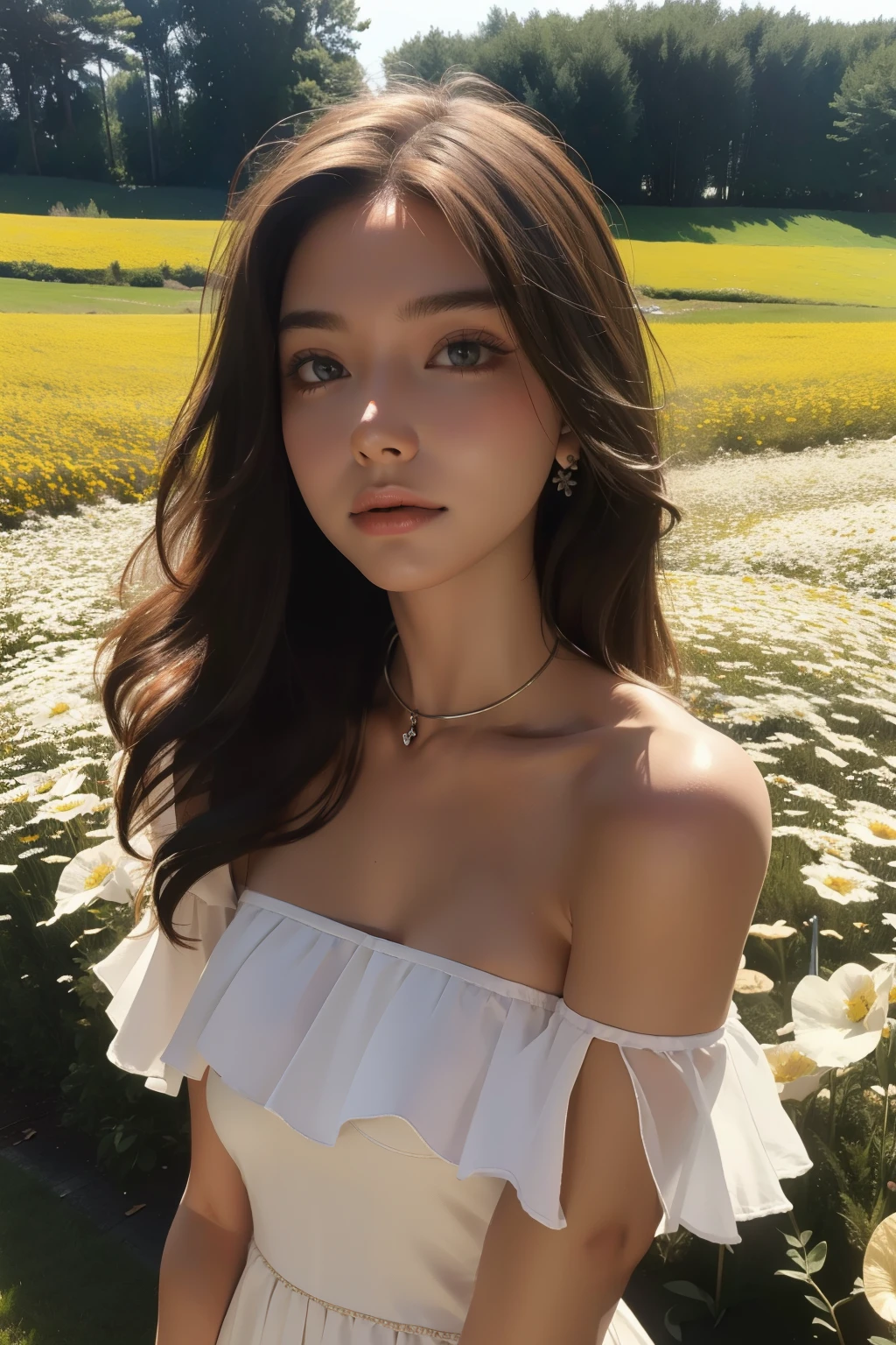 best quality, masterpiece, ultra high resolution, (lifelike:1.4), original photo, 1 girl, white dress, Off the shoulders, flower field, glowing skin, faint smile