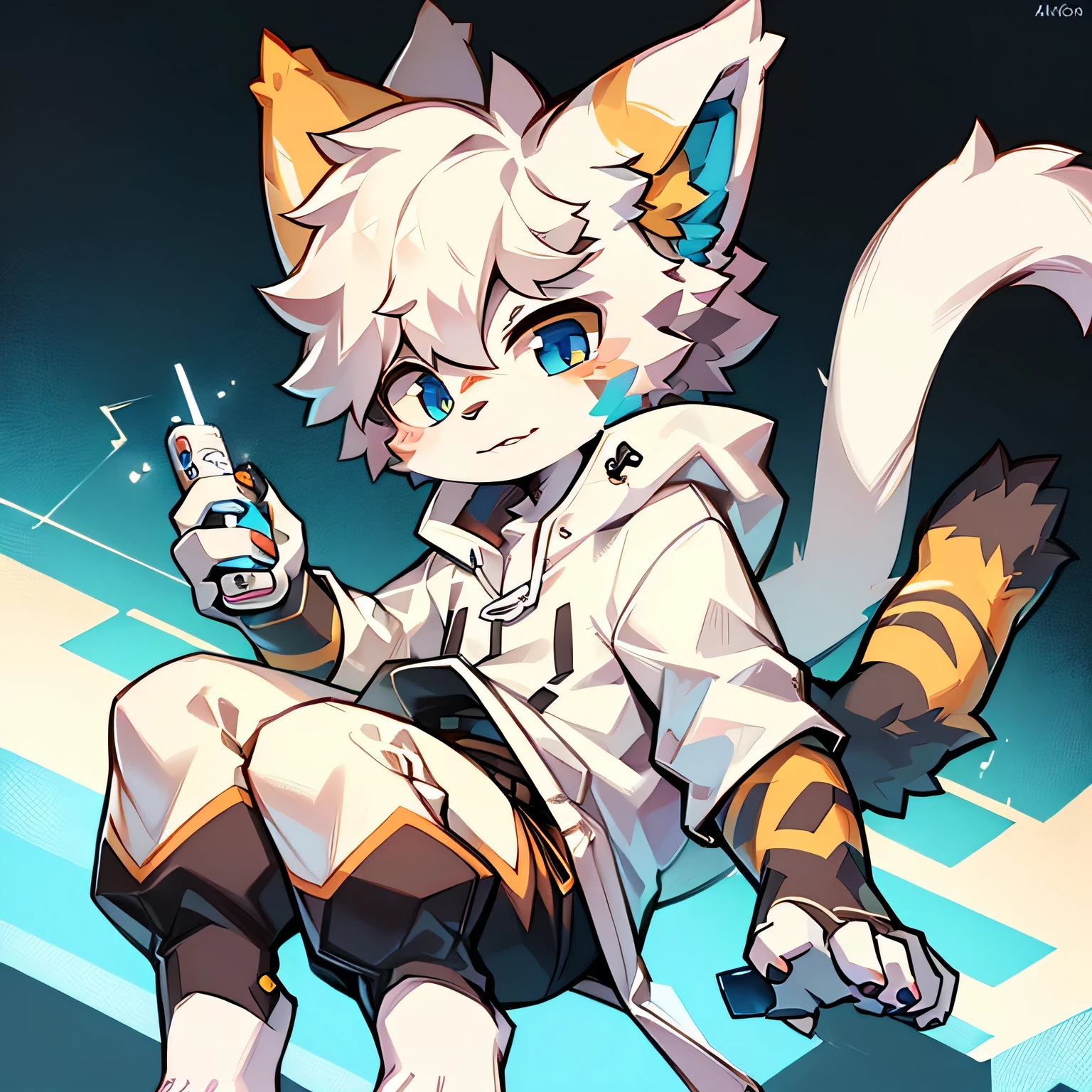 A white male cat，Acting cute，hairy，Technology，cute，Absolutely beautiful，avatar，Wearing white sweatshirt