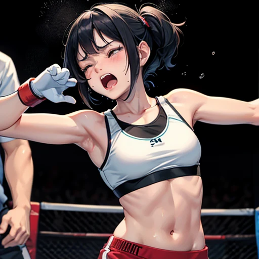 Cute Japanese high school girl with scars, blood, and short-cut black hair. Bending forward in a mixed martial arts ring. She is holding her head in her hands. She is frightened. She is trembling. Her opponent, a female fighter, is beating her. She has her eyes closed. She is screaming and crying. She is wearing a sports bra, bikini pants, and open finger gloves. Small breasts. poor belly, slender body, poor body,
