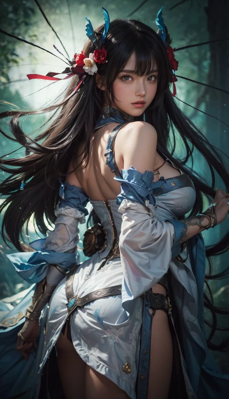 1girl, depth of field, official art, unity 8k wallpaper, ultra detailed, illustration, beautiful and aesthetic, masterpiece, best quality, knight, (big breasts), (milf, mature female), (black armor, armor, breastplate), beautiful face, (long hair, black hair, very straight hair:1.4, hime cut:1.4), blue eyes, cowboy shot, glowing skin, back lighting, athletic figure, muscular female, curvy, wide hips, colorful, looking at viewer, Hyperrealistic, gradient background, dark background, outline, fantasy, from the front, watercolor, traditional media, (chromatic aberration, intricate details)