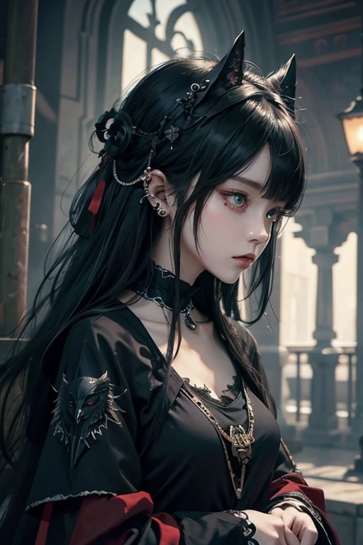 there is a woman with a bird on her shoulder, with long hair and piercing eyes, dark fantasy mixed with realism, 1 7 - year - old anime goth girl, cute face. dark fantasy, raven black hair, black hair and large eyes, by Yang J, artwork in the style of guweiz, dreamy gothic girl, with a crow on her arm, red rose, red gorgeous accessories