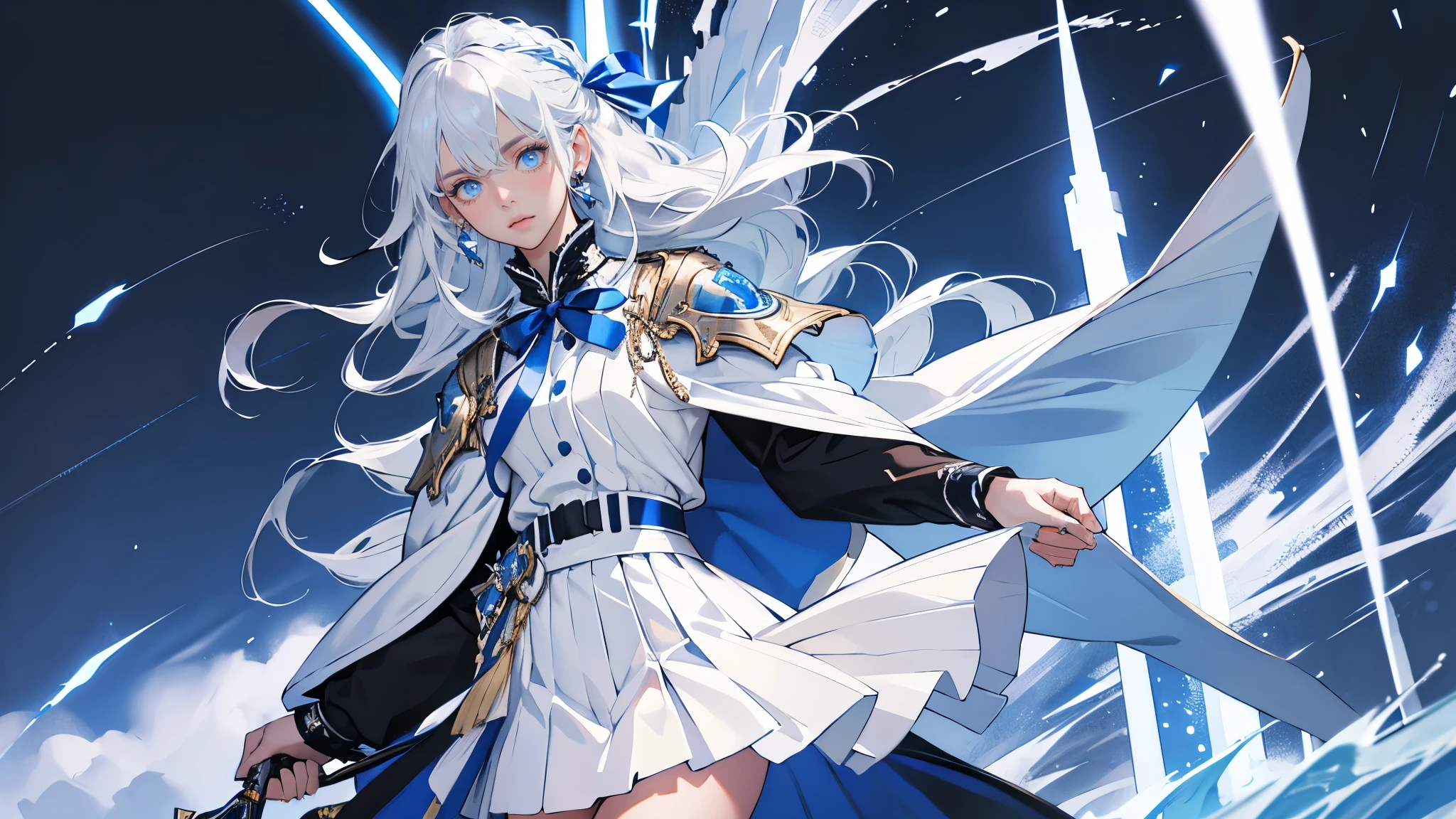 masterpiece, ultra detailed, 8k portrait, RAW photo, portrait photography, highly detailed face, beautiful and meticulous eyes, black long hair, blue eyes, white hair ribbon, blue uniform, blue pleats mini skirt, white chest armor, white tights, half boots, standing, (holding a beam sabel:1.5)