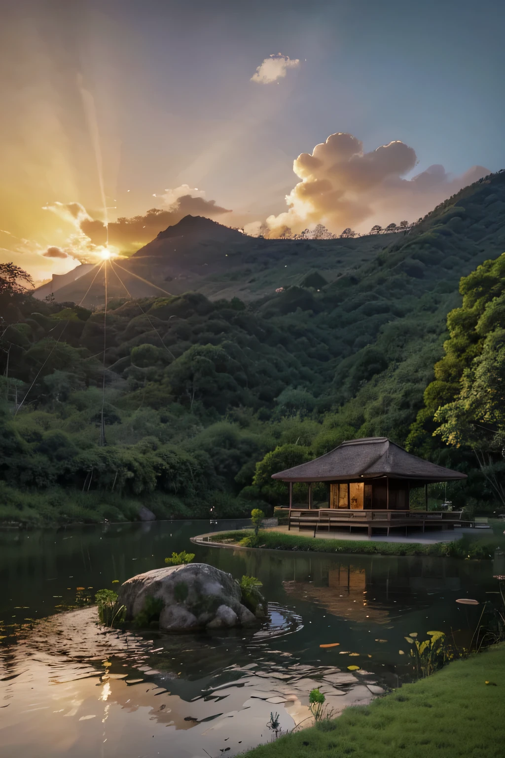 a luxury concept modern wooden building stone base , pond , mountain in back in Indonesia surrounded by lush greenery under a cloud with sunset near dark, fancy sky and harmony with nature ,and landscaping around the lake, in ultra HD resolution ( model Vector expert)