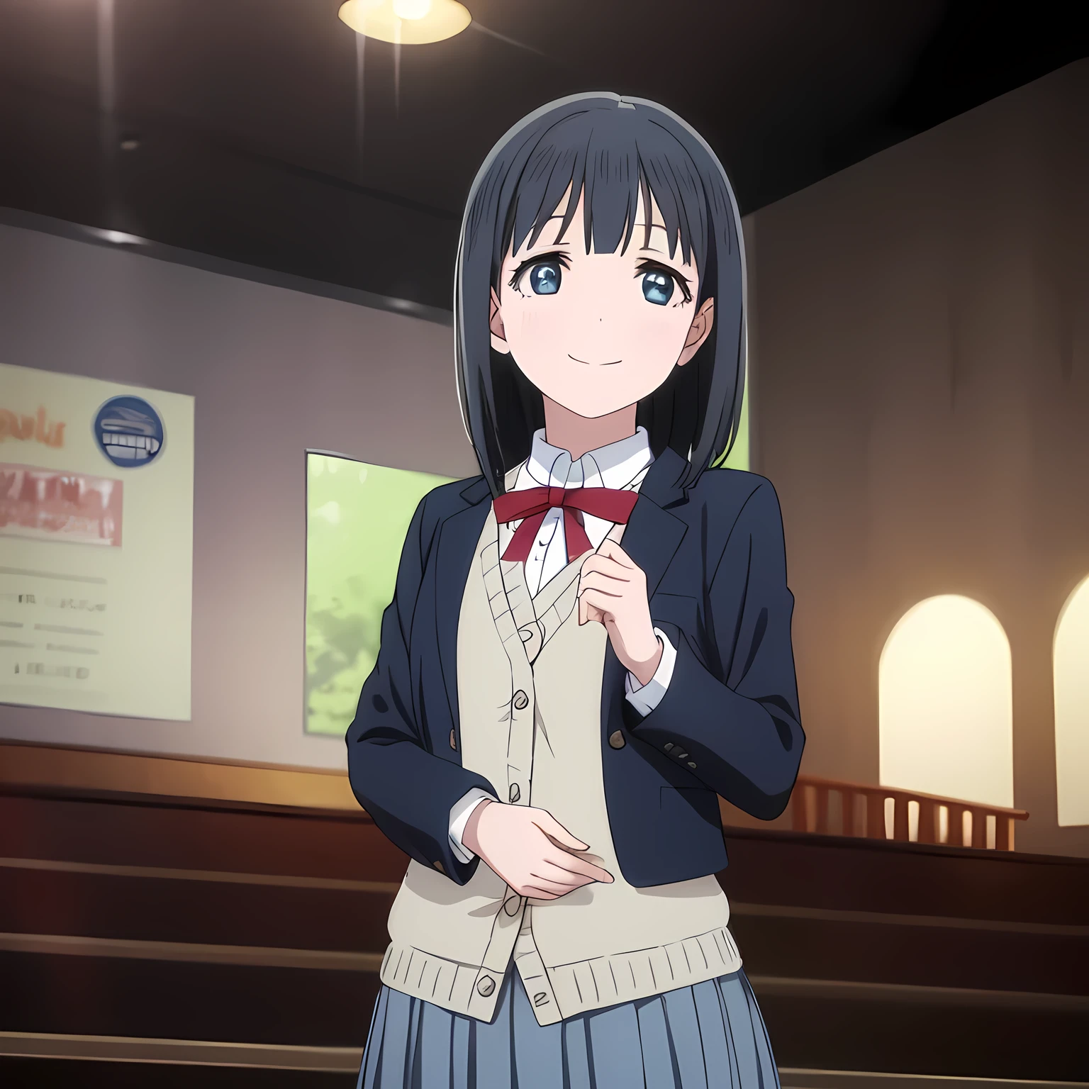 highest quality, (masterpiece:1.2), Very detailed, Girl in , , Black medium bob hair, Navy blue blazer, Navy blue pleated skirt, Very beautiful and shining eyes, Long eyelashes, A large crimson ribbon on the chest, An elegant expression like a noble princess, Very good posture, Heavenly happiness, smile, Watching the audience, Calling the audience