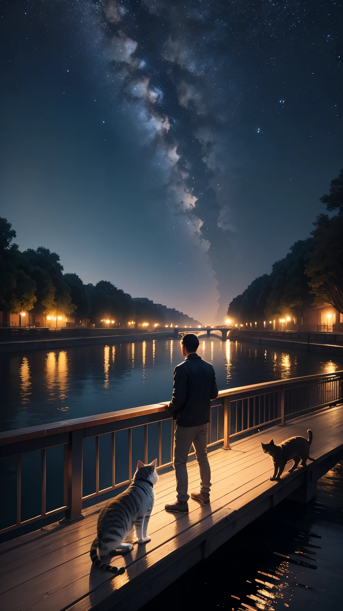 a man standing on a bridge looking at the river with a cat looks at the river below, the sky is full of stars at night