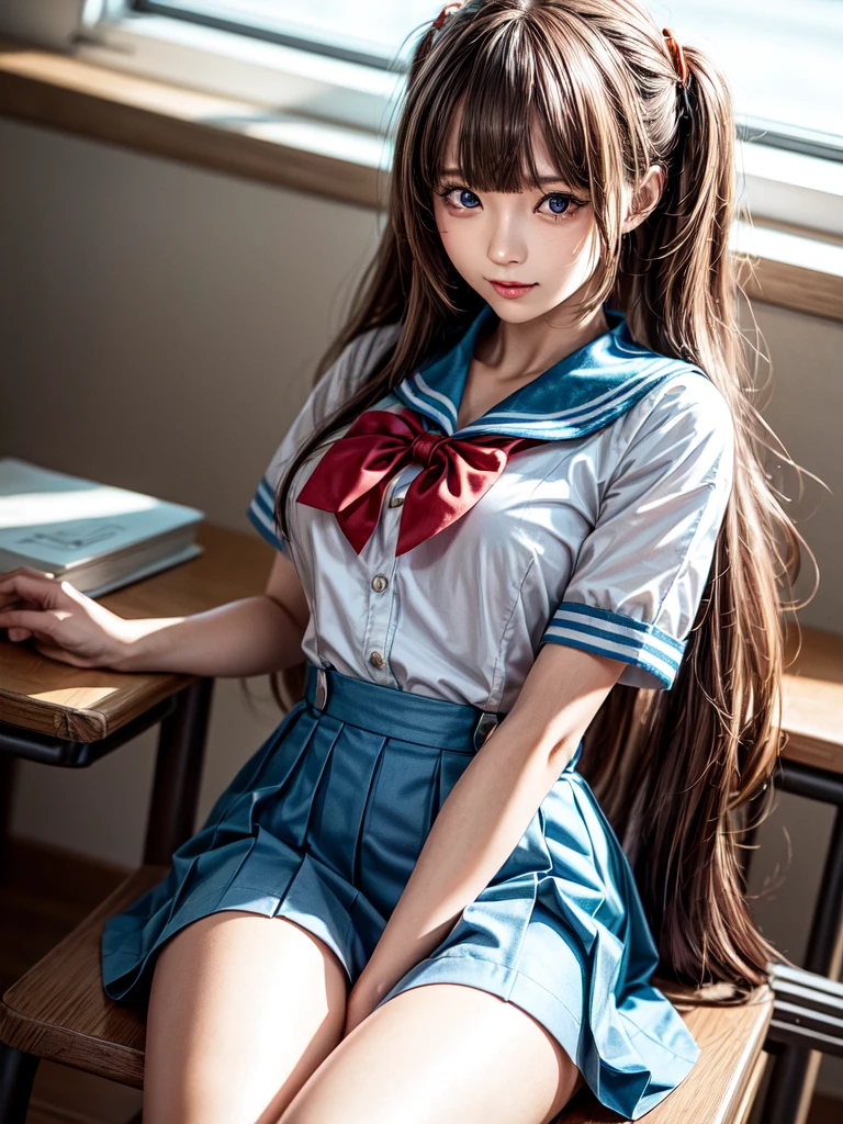 (8k, highest quality, Pieces fly:1.2)、Ultra-high resolution、anime,1 very pretty girl,Asuka Langley,Highly detailed face, Fine grain,blue eyes,,White sailor collar plain short sleeve shirt,Light blue skirt,Light Blue Suspenders,uniform_Red ribbon,Orange Hair,Long Hair、Detailed hand and fingers,put your hands in your hair,Grin、sitting on desk,Shooting from the sky,classroom
