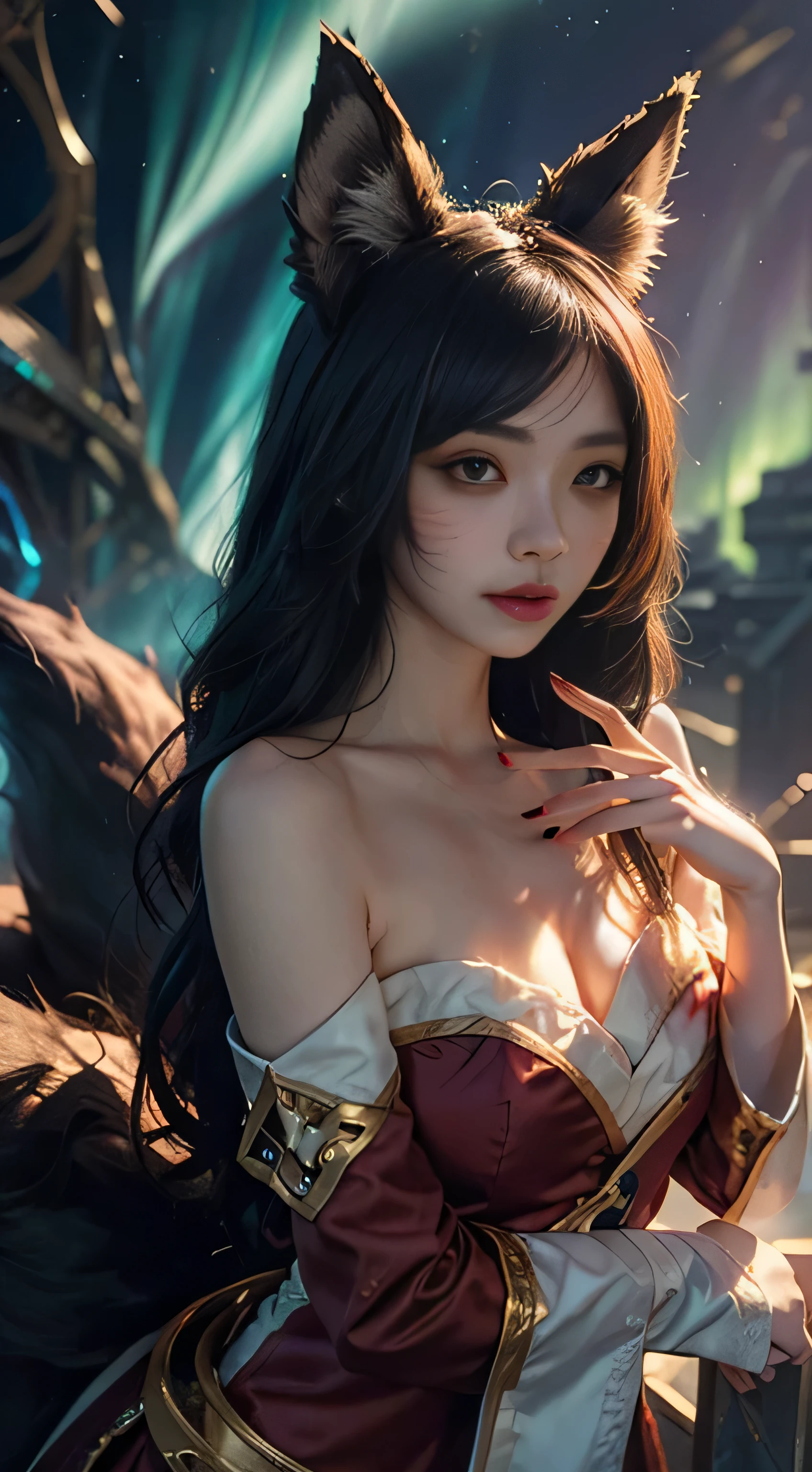  1 Girl, Fox, Fox \ (League of Legends), K/DA \ (League of Legends), Animal Ears, Face Markers, Fox Ears, Fox Tail, Orange Eyes, Multiple Tails, upper body, Aurora backgound, red and white dress, beautiful hands, beautiful fingers, shot from front, looking at viewer